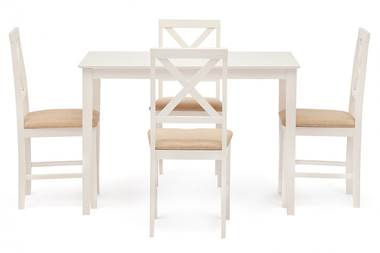 Обеденный комплект белый «Хадсон» (Hudson) (стол + 4 стула) (Ivory white, ткань кремовая)