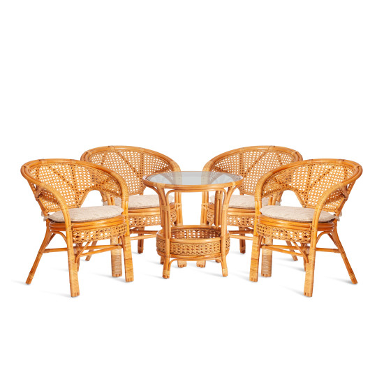 Комплект "PELANGI"  02/15 ( стол со стеклом + 4 кресла ) [с подушками] ротанг, кресло 65х65х77см, стол диаметр 64х61см, Honey (мед)