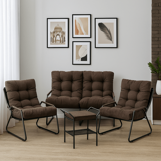 Комплект мебели Loft Ergo (диван, кресло 2шт., пуф-стол) рогожка, коричневый, 3М7-147